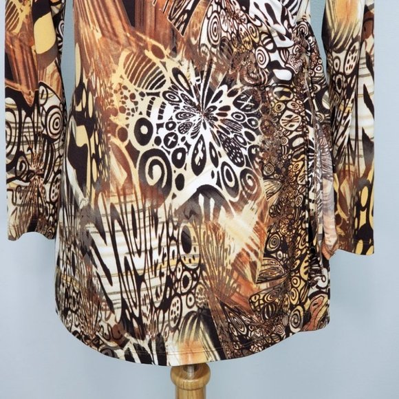 Women With Control Brown Orange Fall Colors Tunic Surplice Faux Wrap Top Size MP - Picture 3 of 15